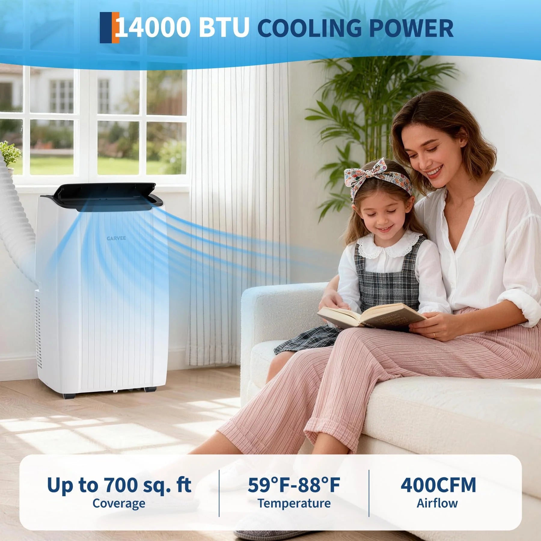 Garvee 14.000 BTU Mobiles Klimagerät, 3-in-1 Klimaanlage mit Entfeuchter & Ventilator, für Räume bis ca. 65 m², Weiß