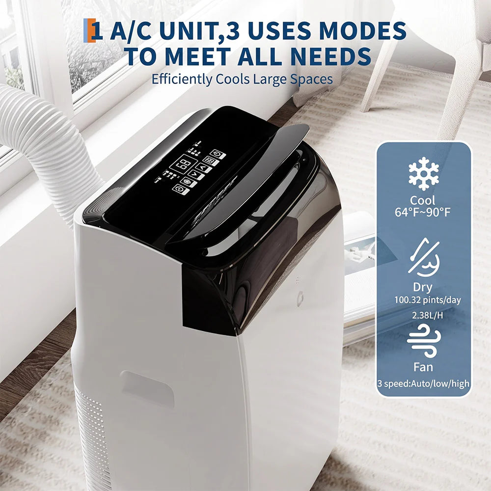 Garvee 14.000 BTU Mobiles Klimagerät 3-in-1 mit Entfeuchter & Ventilator, Fernbedienung, Schwarz